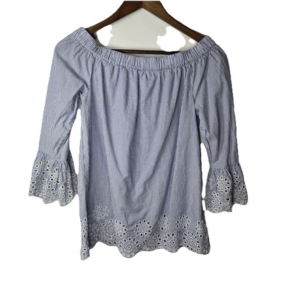 Beach Lunch Lounge Striped Cotton Off Shoulder Blouse Small - Picture 1 of 6